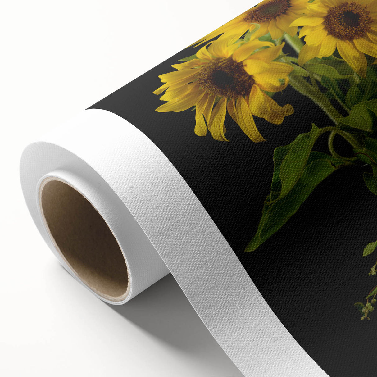 Vibrant rolled canvas showcasing a botanical sunflower design, featuring intricate details and rich colors, perfect for home decoration or art collection.