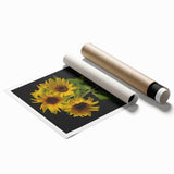 Botanical wall art featuring a vibrant sunflower design, printed on quality paper, showcasing rich yellow and green hues, ideal for brightening home decor.