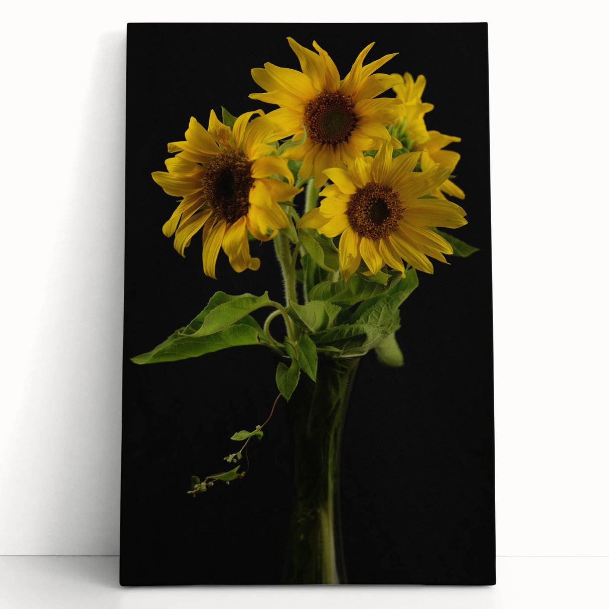 Stretched canvas wall art showcasing a vibrant sunflower design in botanical style, featuring bright yellow petals and rich green leaves, perfect for brightening any space.
