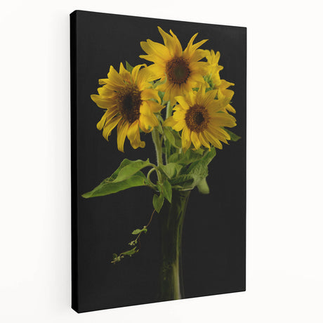 Stretched canvas artwork displaying a vibrant botanical sunflower design, showcasing intricate details and rich yellow hues, perfect for home decor.
