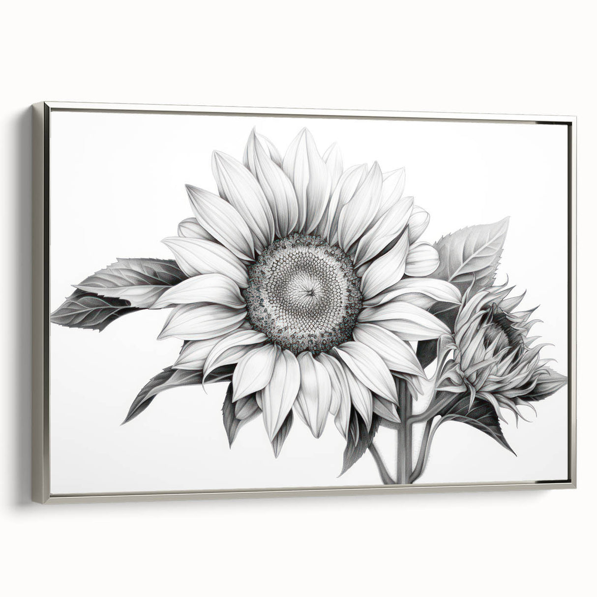 Framed canvas wall art showcasing a botanical sunflower design with vibrant yellow petals and a silver frame, adding a modern touch to home decor.