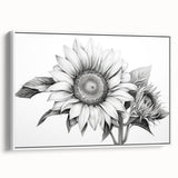 Framed botanical wall art featuring a vibrant sunflower design on a white background, showcasing intricate details and textures, perfect for home decor.