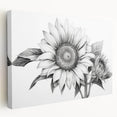 Stretched canvas wall art featuring a vibrant botanical sunflower design in full bloom, showcasing bright yellow petals and lush green leaves, perfect for home decor.