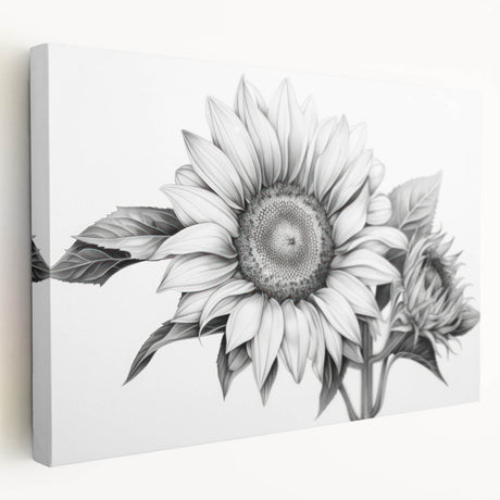 Stretched canvas wall art featuring a vibrant botanical sunflower design in full bloom, showcasing bright yellow petals and lush green leaves, perfect for home decor.