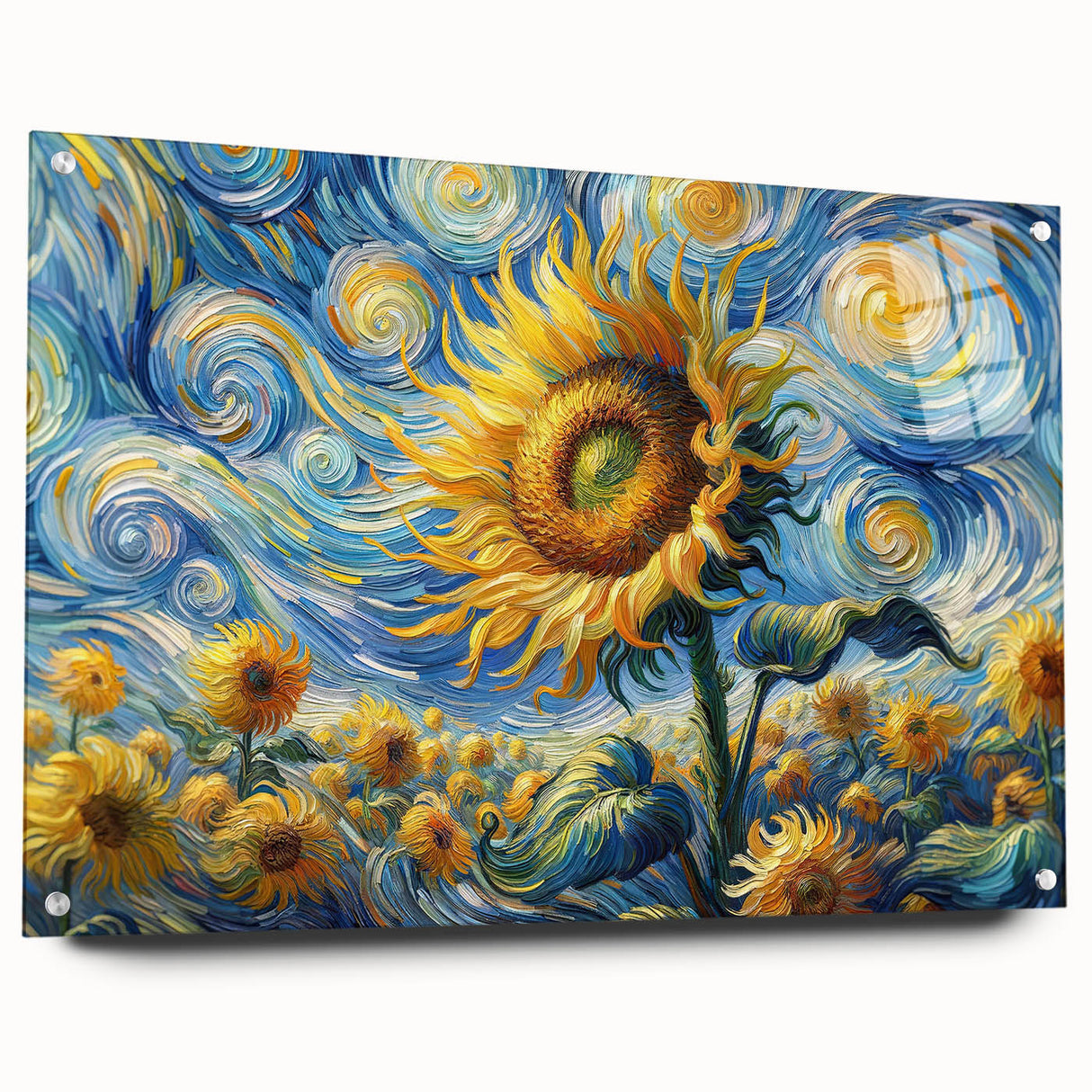 Acrylic wall art showcasing a vibrant sunflower design, displayed elegantly from the side with visible pins, perfect for botanical-themed decor. Ideal for brightening any room with its colorful floral aesthetics.