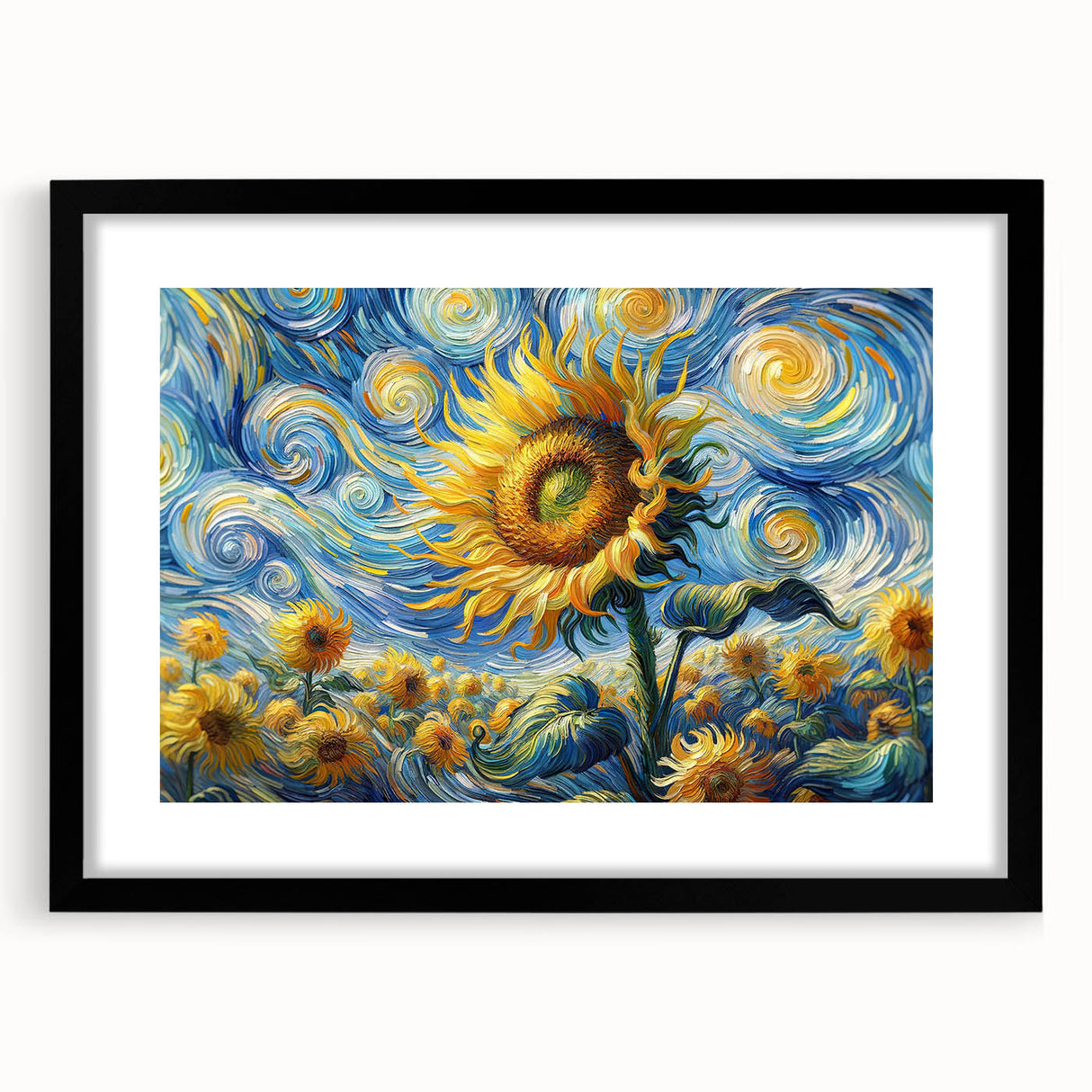 Botanical wall art featuring a stunning sunflower design in a black frame with a mat, perfect for brightening up any room with natural elegance. Ideal for home decor enthusiasts seeking floral inspiration and modern aesthetics.
