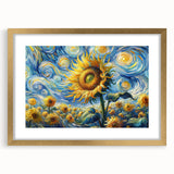 Sunflower wall art design framed in gold with a white mat, showcasing vibrant yellow petals and intricate details, perfect for brightening home decor.