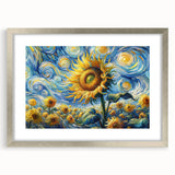Botanical wall art featuring a vibrant sunflower design, framed with a silver mat, showcasing a modern aesthetic perfect for home decor. Ideal for nature lovers.