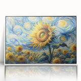 Framed wall art showcasing a vibrant sunflower botanical design in acrylic, set against a sleek white frame, ideal for home decor and floral enthusiasts.