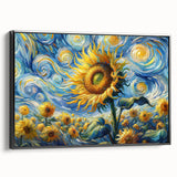 Framed canvas artwork showcasing a vibrant botanical sunflower design in a sleek black frame, perfect for home decor or artistic display. The side view highlights its modern aesthetic and intricate floral details.