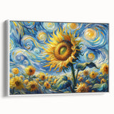 Framed botanical wall art featuring a vibrant sunflower design on a white background, showcasing a side view that highlights its elegant frame and artistic details. Perfect for adding a cheerful touch to home decor.