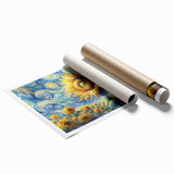 Vibrant botanical wall art print showcasing a colorful sunflower design, rolled and ready for display, emphasizing floral beauty and nature-inspired decor.