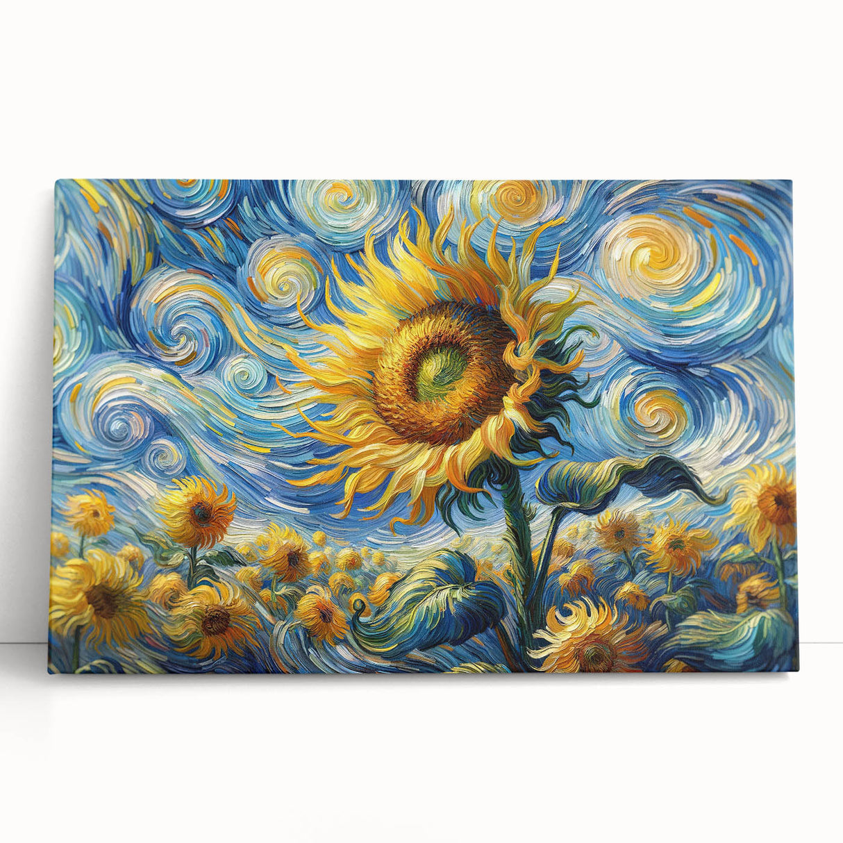 Botanical sunflower wall art design on stretched canvas, featuring vibrant yellow petals and green leaves, perfect for brightening home decor and enhancing ambiance.