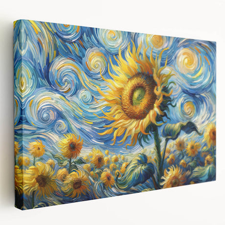 Stretched canvas wall art showcasing a vibrant sunflower botanical design, featuring rich yellow petals and green foliage, ideal for brightening home decor.
