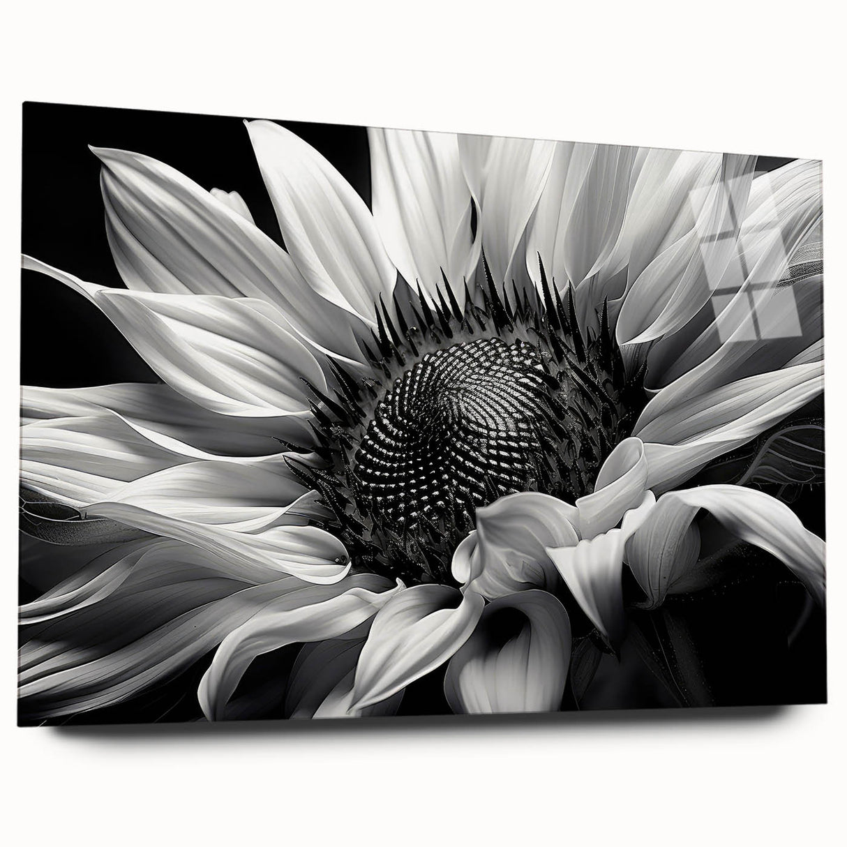 Acrylic glass wall art showcasing a vibrant botanical sunflower design, elegantly displayed from a side view, perfect for brightening home decor with nature-inspired aesthetics.