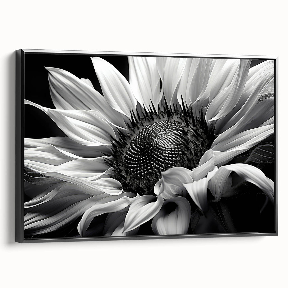 Framed canvas wall art showcasing a botanical sunflower design against a black background, emphasizing vibrant yellows and deep contrasts, perfect for home decor.