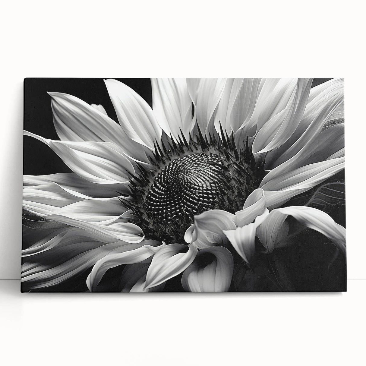 Botanical wall art featuring a vibrant sunflower design on stretched canvas, beautifully leaning against a neutral wall, ideal for brightening indoor spaces and enhancing decor.