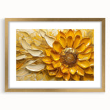 Botanical wall art featuring a vibrant sunflower design framed in elegant gold, showcasing intricate details and a stylish mat, perfect for home decor.