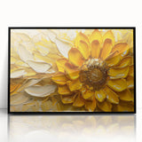 Framed botanical wall art featuring a vibrant sunflower design with a sleek black frame. Perfect for brightening up any living space or office decor.