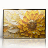 Framed botanical wall art featuring a vibrant sunflower design with a gold-acrylic finish, showcasing intricate details and bold colors, perfect for home decor.