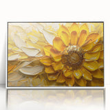 Framed botanical wall art featuring a vibrant sunflower design in a sleek white frame, showcasing detailed petals and rich yellow hues, perfect for home decor.