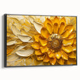 Framed wall art featuring a botanical sunflower design on a black background, showcasing vibrant yellow petals and intricate details. Perfect for home decor.