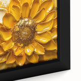 Close-up of a vibrant botanical sunflower design art piece, showcasing intricate details and rich colors on a framed canvas, perfect for home decor.