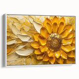Framed canvas wall art featuring a vibrant botanical sunflower design, showcasing rich yellow petals and green leaves, set against a white background.