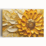 Bright and vibrant botanical sunflower wall art design printed on stretched canvas, showcasing detailed yellow petals and deep green leaves, perfect for home decor.