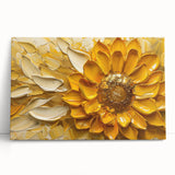 Vibrant sunflower wall art design on stretched canvas, showcasing intricate botanical details and rich yellow hues, ideal for brightening home decor.