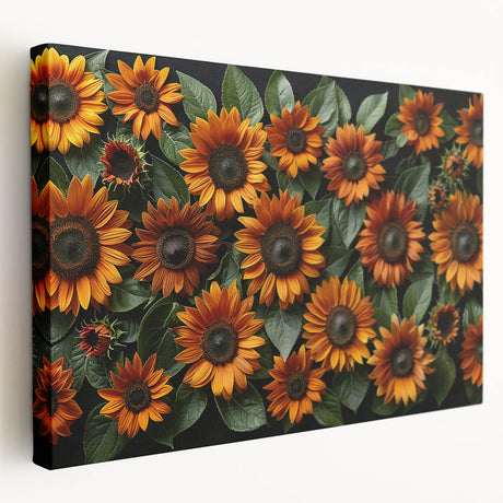 Stretched canvas showcasing a vibrant sunflower botanical design, featuring rich yellow petals and green leaves, ideal for home decor and nature lovers.