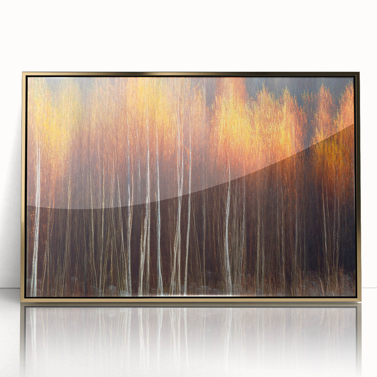 Framed botanical wall art featuring a vibrant floral design with gold accents, set against a sleek acrylic background, perfect for modern home decor.