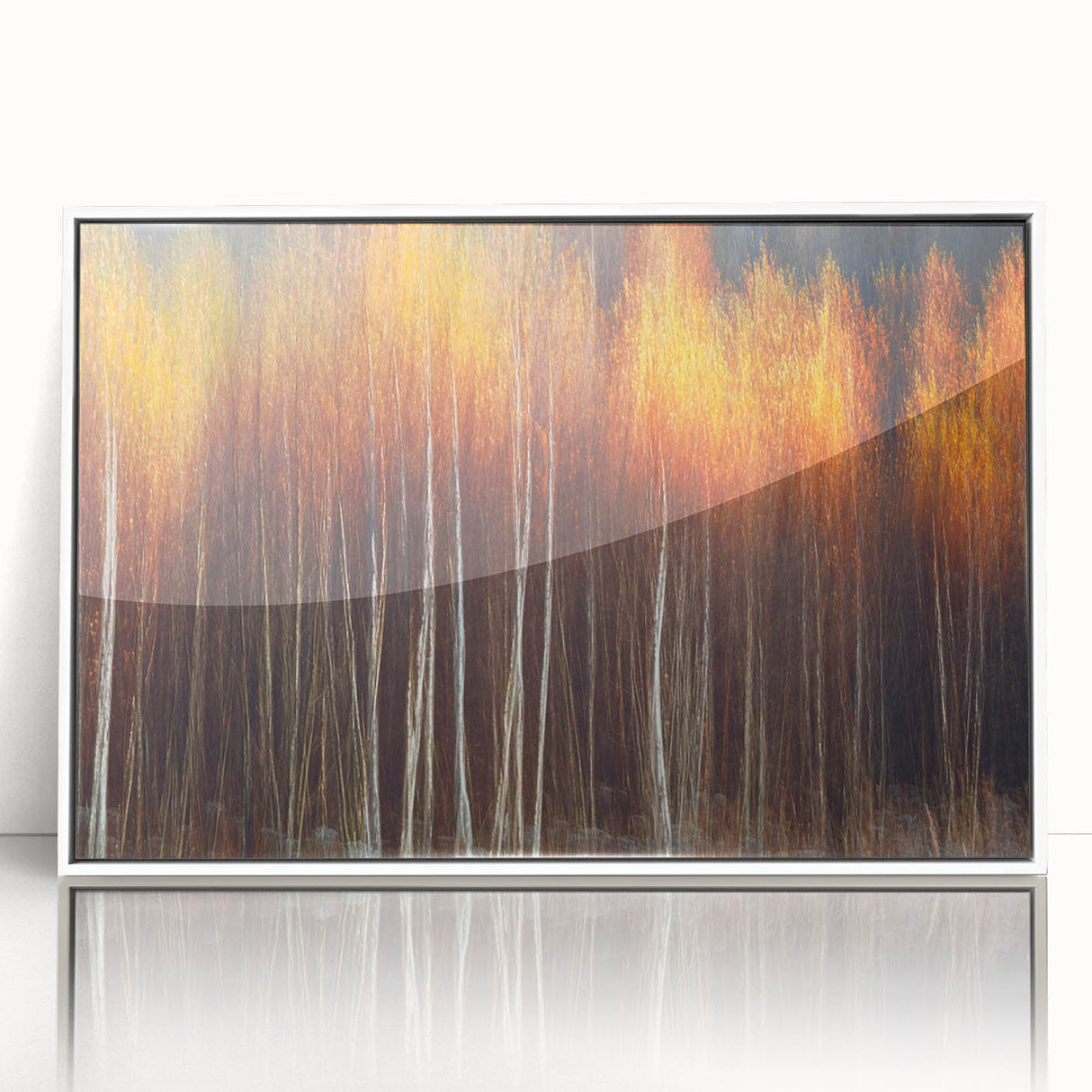 Framed acrylic wall art showcasing a botanical design with colorful flowers and trees, set against a white background, ideal for home décor enhancement.