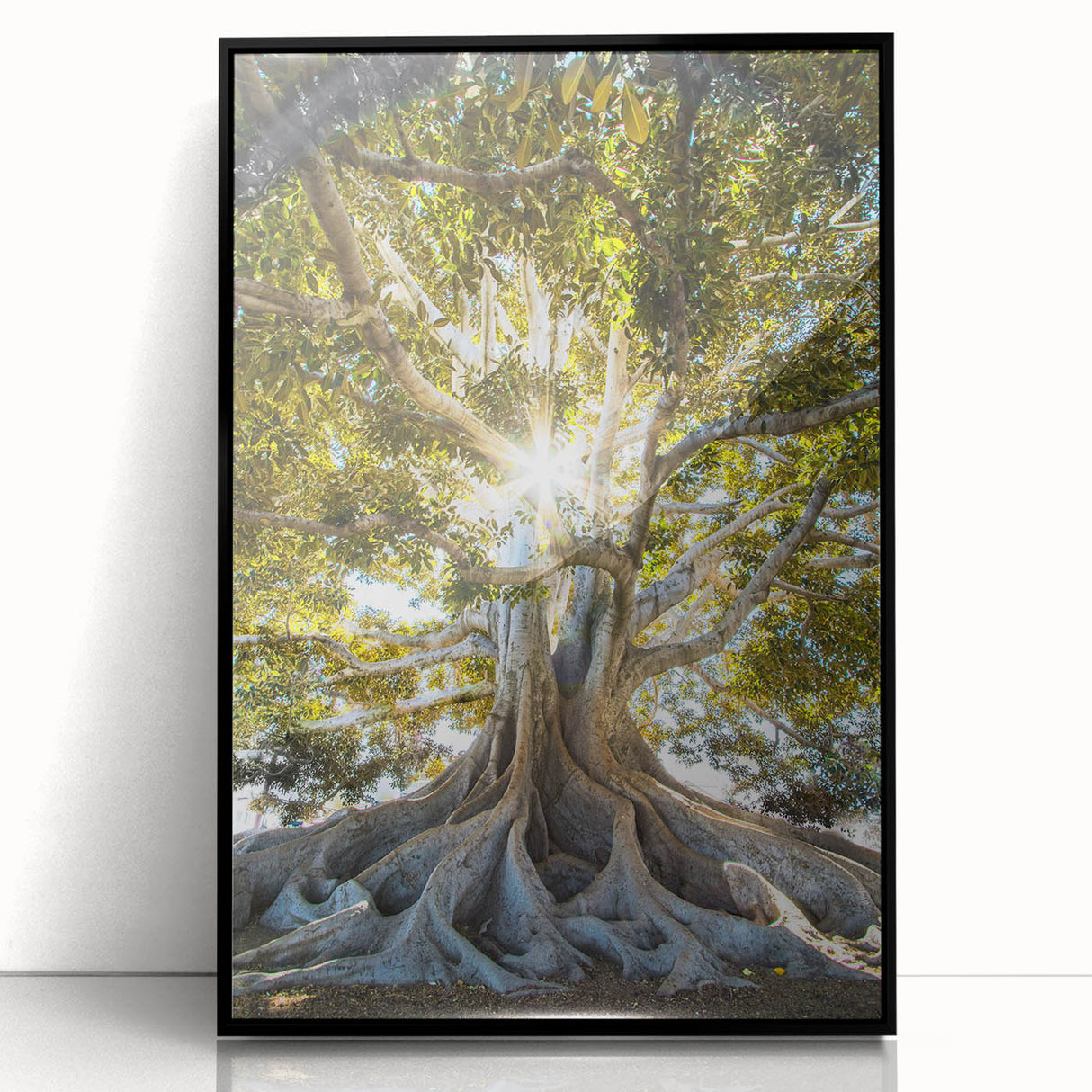 Framed acrylic wall art showcasing a botanical design of colorful flowers and trees, featuring a sleek black frame, ideal for modern home decor.