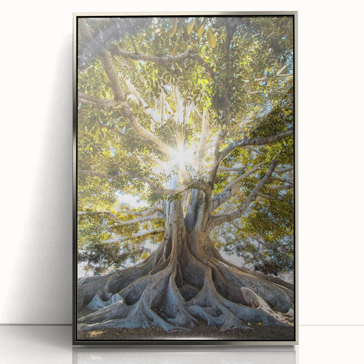 Framed acrylic wall art showcasing a vibrant botanical design of trees and flowers, featuring a sleek silver frame, perfect for modern home decor.