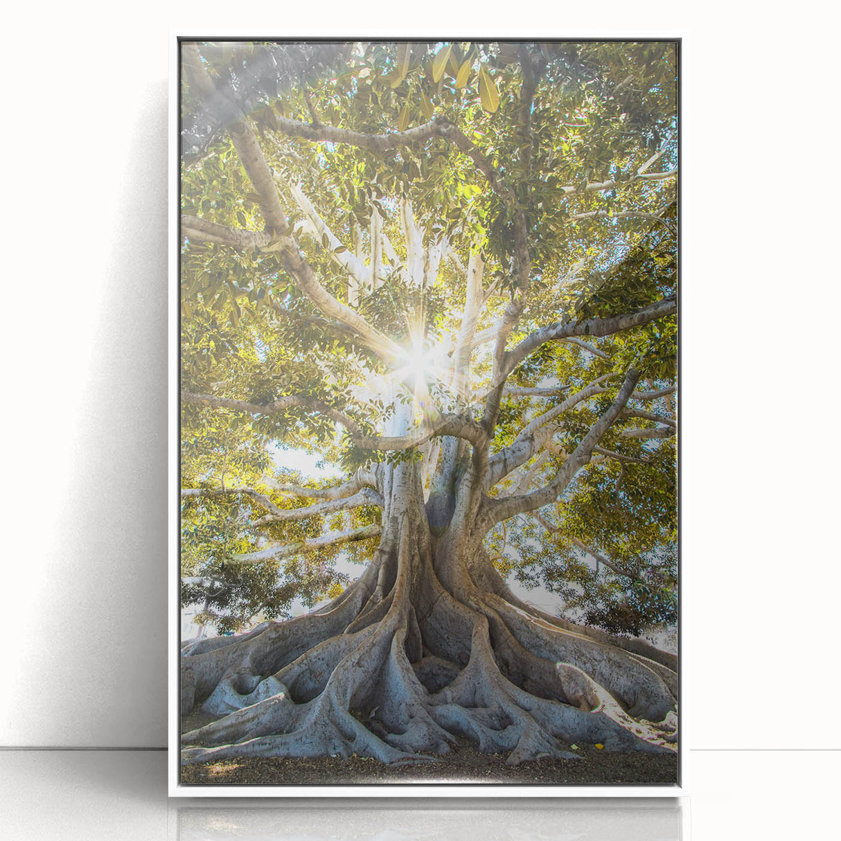 Framed wall art featuring a botanical design of colorful flowers and trees, displayed against a white background, ideal for home decor and nature enthusiasts.