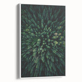Framed canvas wall art featuring a botanical design of vibrant flowers and trees, displayed in a sleek white frame, showing a side view for depth and elegance.