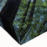 Close-up of a vibrant botanical wall art piece featuring detailed floral and tree designs in rich colors, displayed on stretched canvas for a modern home decor aesthetic.