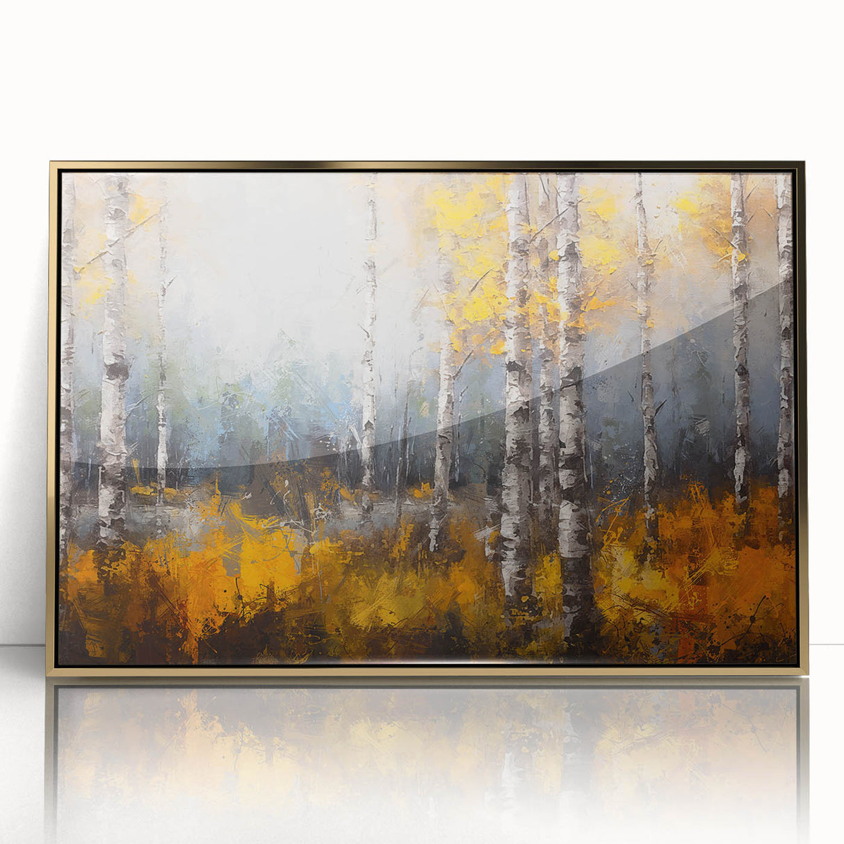 Framed wall art featuring a botanical design with a gold acrylic finish, showcasing vibrant flowers and intricate tree details, perfect for home decor.
