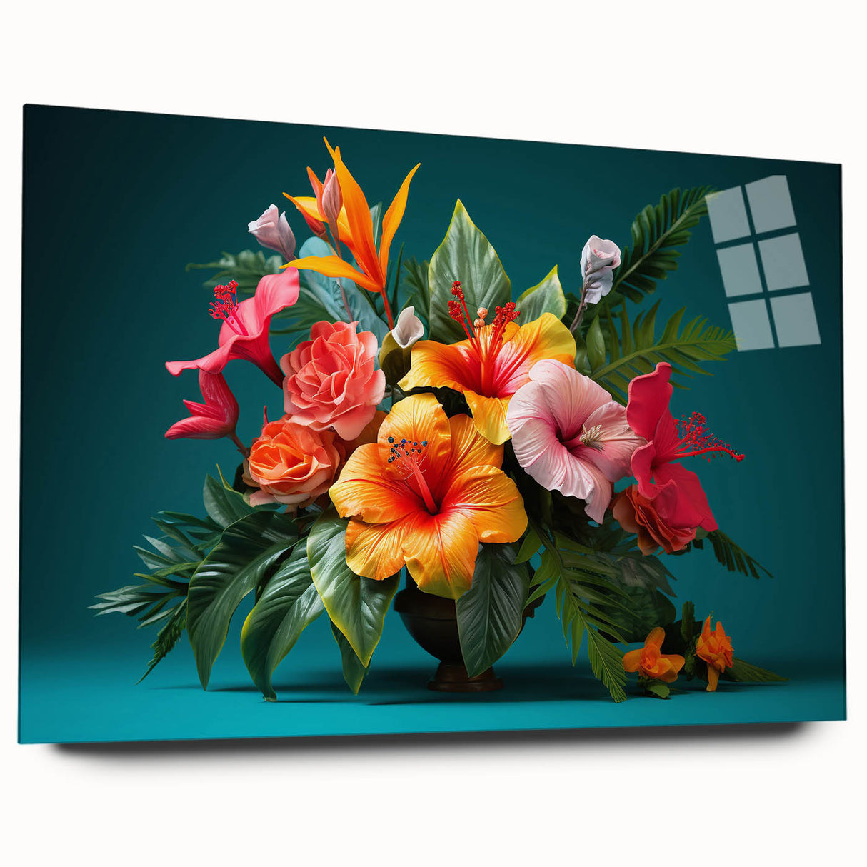 Tropical botanical wall art featuring vibrant, colorful flowers printed on acrylic glass, showcased in a sleek side view without pins, perfect for home decor.