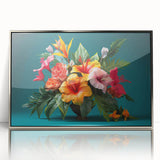 Framed wall art featuring a vibrant tropical flower design in shades of pink and green, set in a sleek silver frame, perfect for enhancing modern decor.