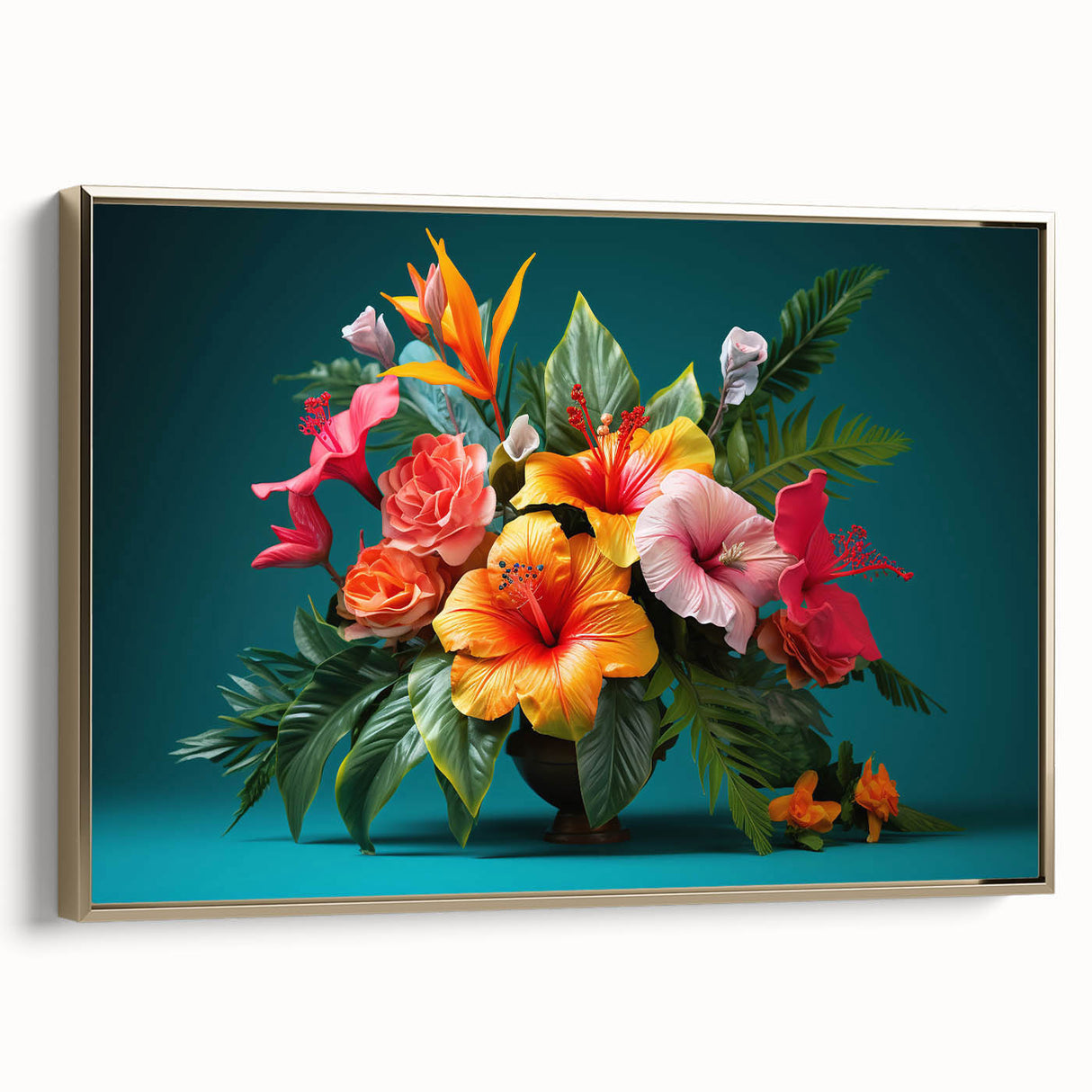Framed canvas wall art showcasing a vibrant tropical floral design with intricate details and a gold frame, perfect for enhancing home decor with a botanical touch.