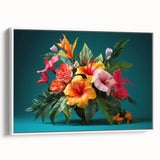 Framed canvas wall art displaying a vibrant botanical tropical flower design with rich colors, showcased in a white frame, ideal for enhancing home decor.