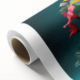 Vibrant botanical tropical flower design on a rolled canvas, showcasing rich colors and intricate details, perfect for home decor or gallery display.