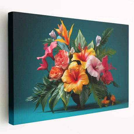 Tropical floral wall art design on stretched canvas showcasing vibrant colors and intricate details, ideal for home decor or botanical-themed interiors.