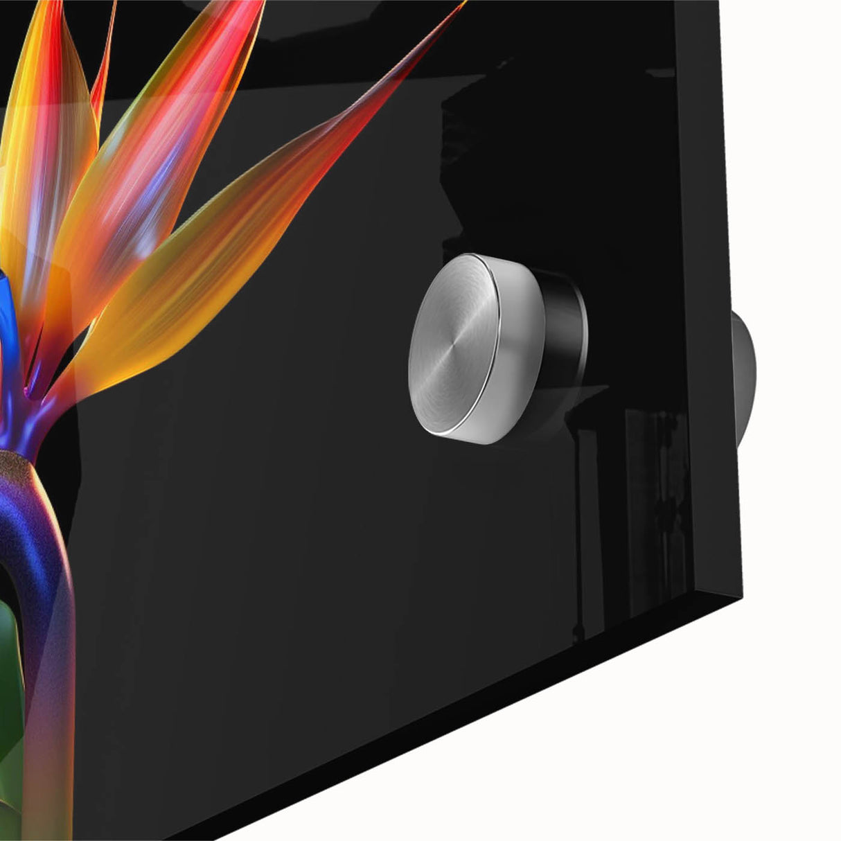 Close-up view of a vibrant tropical botanical wall art design showcasing colorful flowers, set against a sleek acrylic glass background, perfect for home decor.