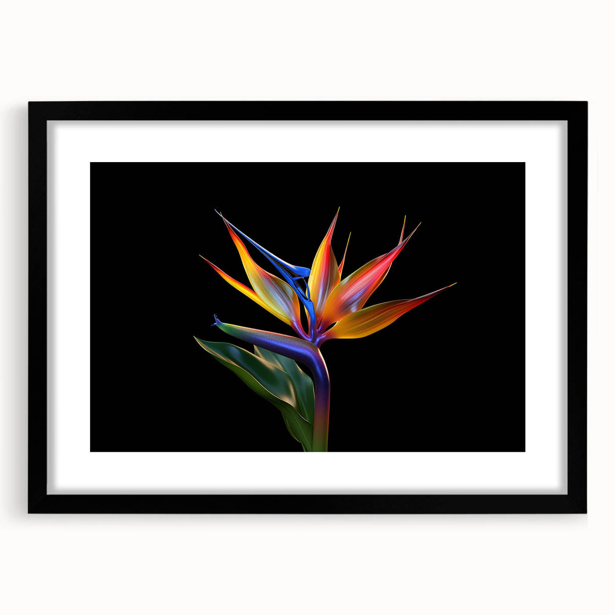 Tropical floral wall art design featuring vibrant botanical illustrations in a sleek black frame. Ideal for modern home decor, adding a touch of nature.