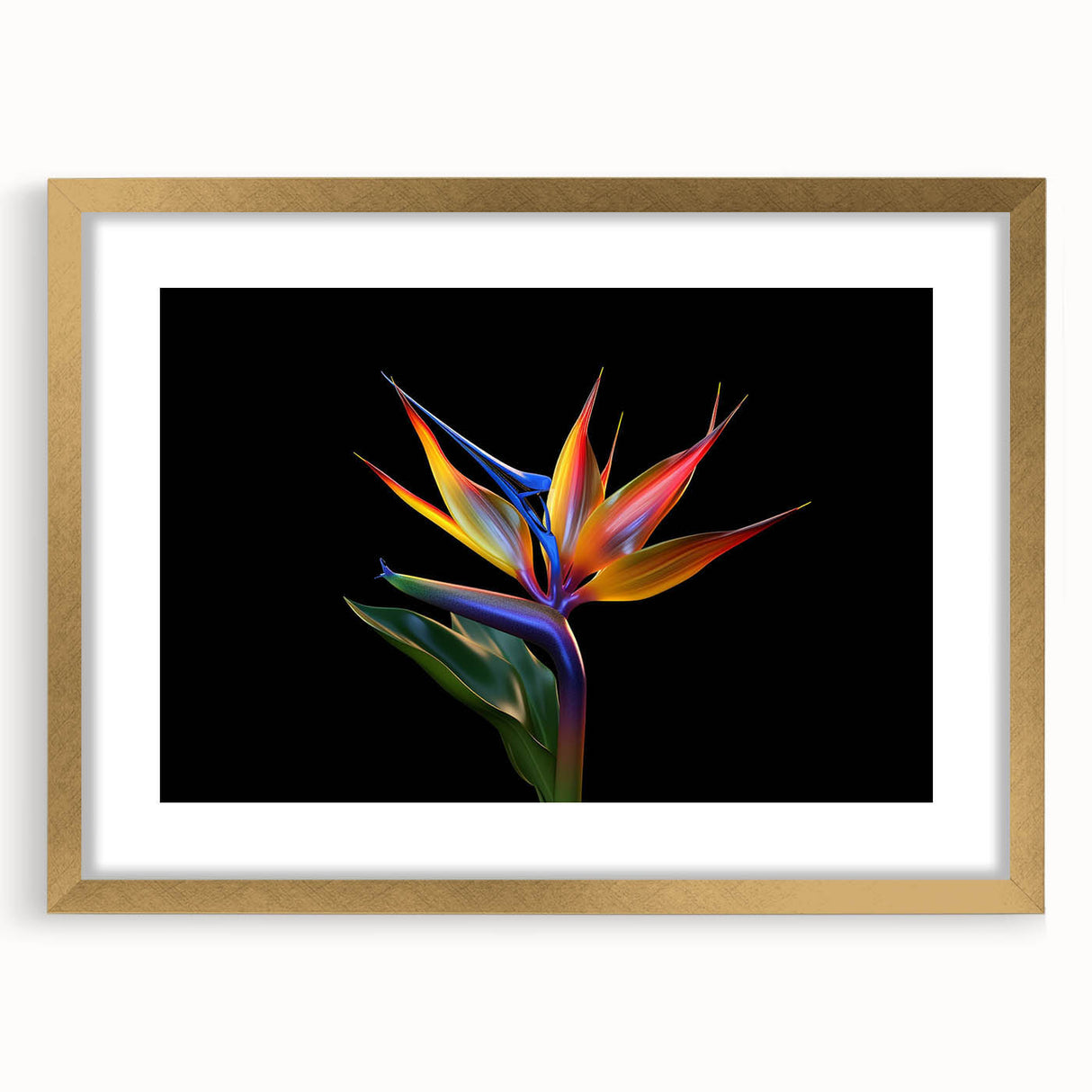 Botanical tropical flower wall art design featuring vibrant pink and green hues, elegantly framed with a gold mat, perfect for enhancing home decor aesthetics.