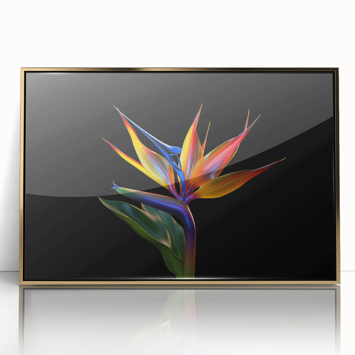 Framed wall art featuring a vivid tropical flower design with gold accents, showcasing intricate botanical details and vibrant colors ideal for home decor.