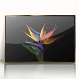 Framed wall art featuring a vivid tropical flower design with gold accents, showcasing intricate botanical details and vibrant colors ideal for home decor.